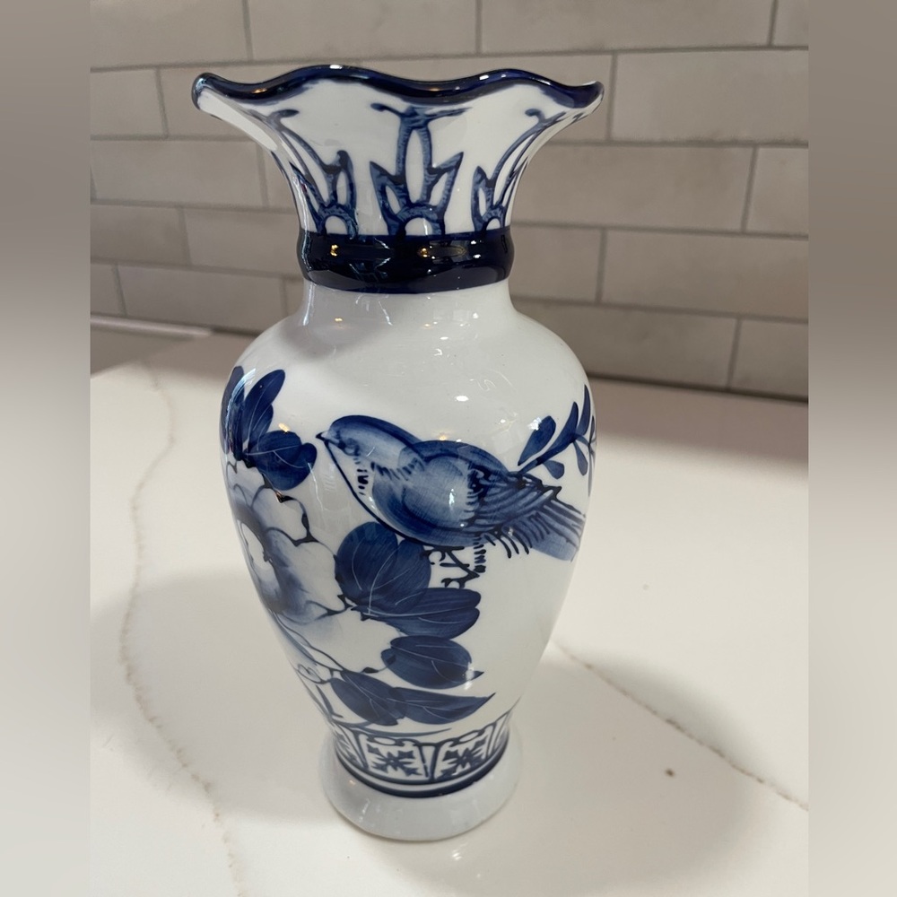 Vintage Blue and White Porcelain Chinese Flowers and Bird Design 8”Tall Vase